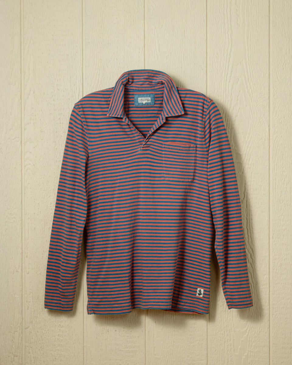 Long Sleeve Indigo Polo in Faded Red/Navy Even Stripe