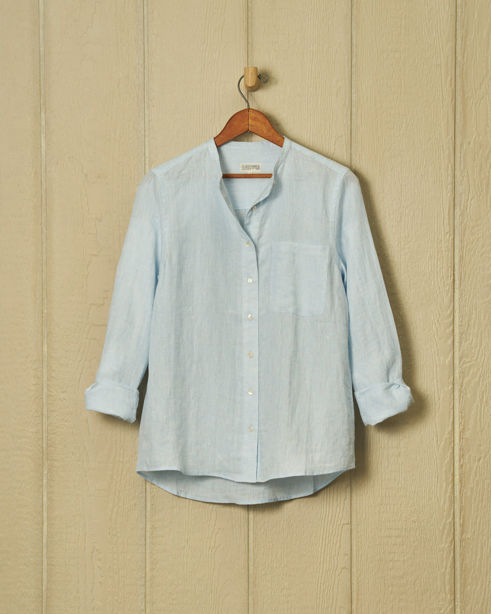 Women's Band Collar Shirt in Powder Blue Linen Quaker Marine Supply Co.