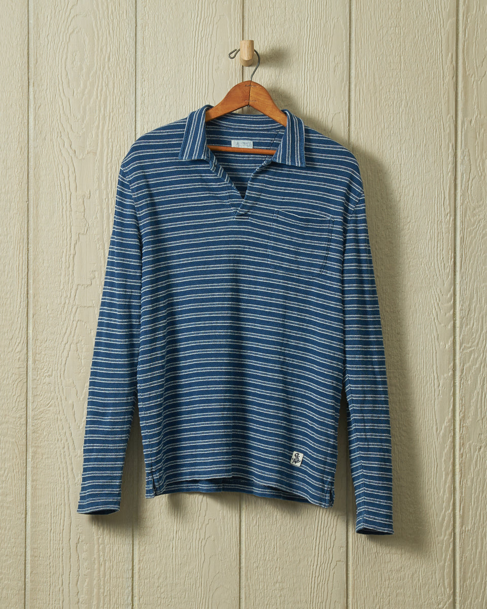 Long Sleeve Indigo Polo in Mid Wash Jacquard Stripe – Quaker