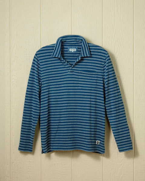 Long Sleeve Indigo Polo in Mid Wash Jacquard Stripe