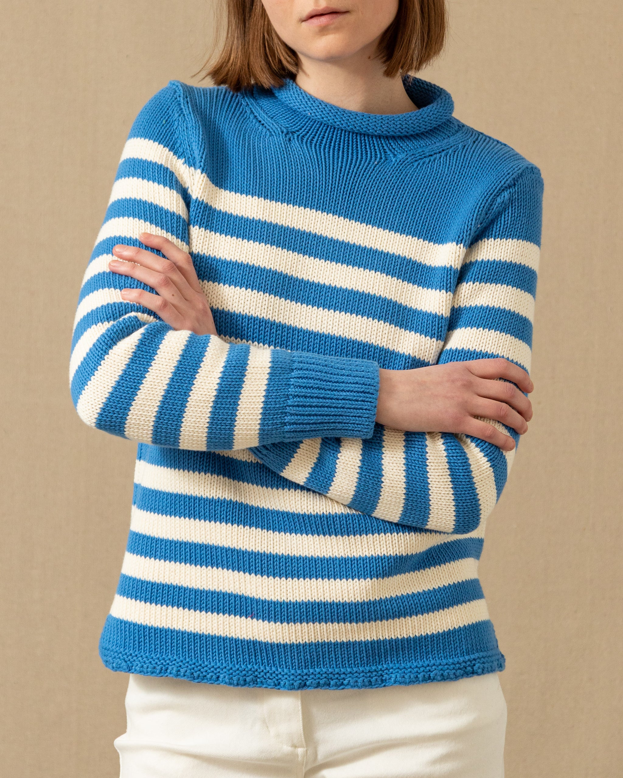Women's Breton Stripe Fisherman's Sweater in Cerulean/Egret