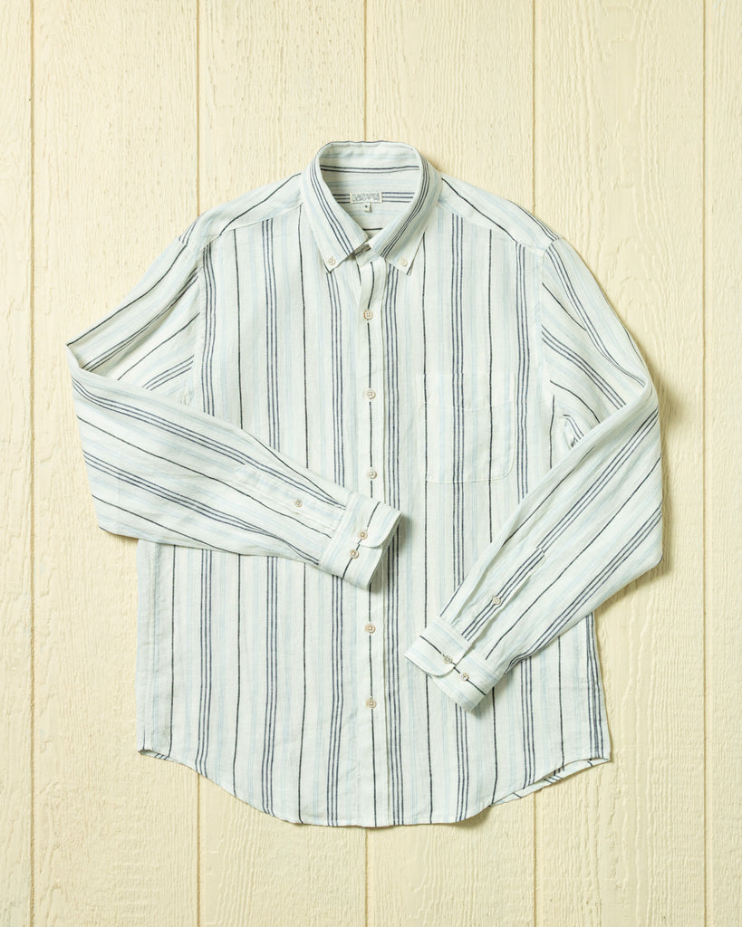 美品 MENS MARINE STRIPE HIGH NECKBRIEFING Men's Breton Stripe Boatneck Tee in Off White/Hunter Green