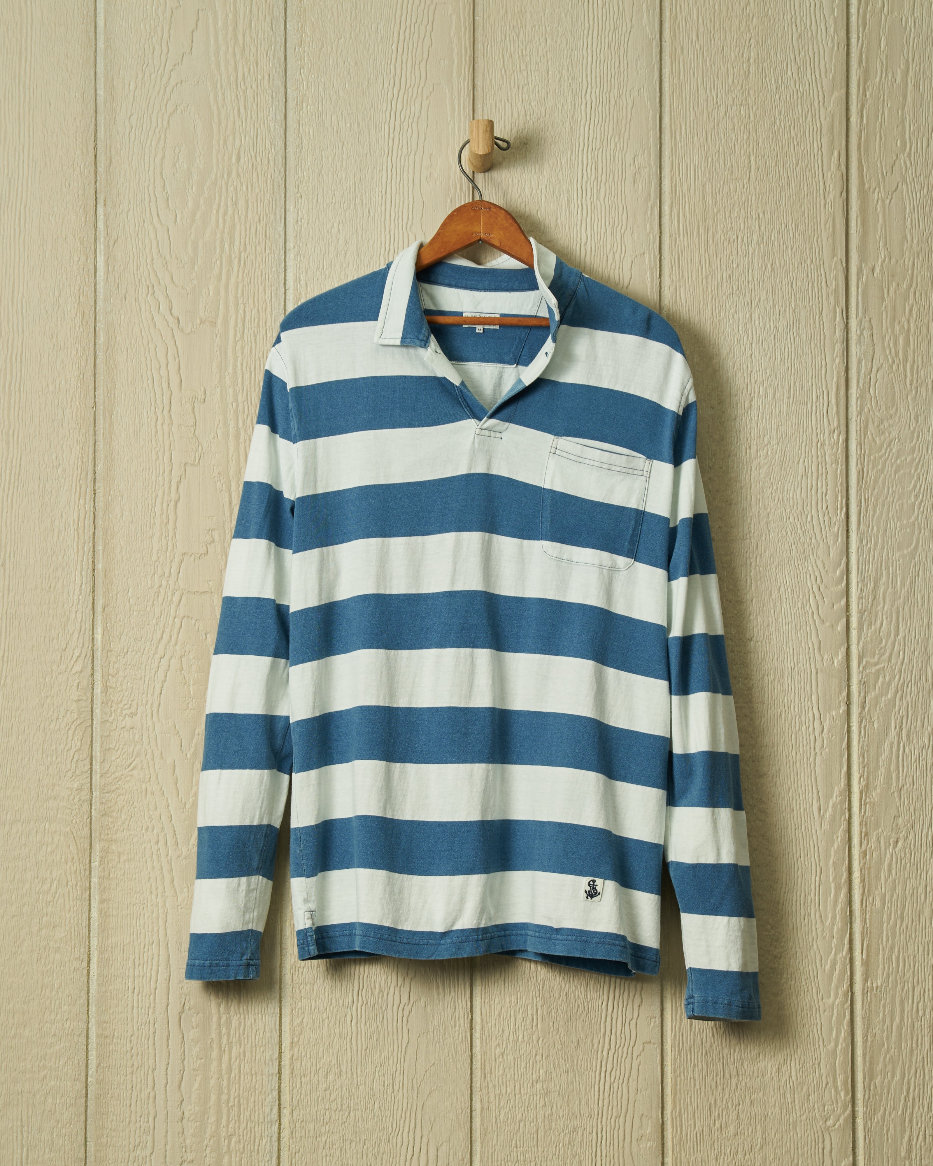 Long Sleeve Indigo Polo in Blue/White Rugby Stripe