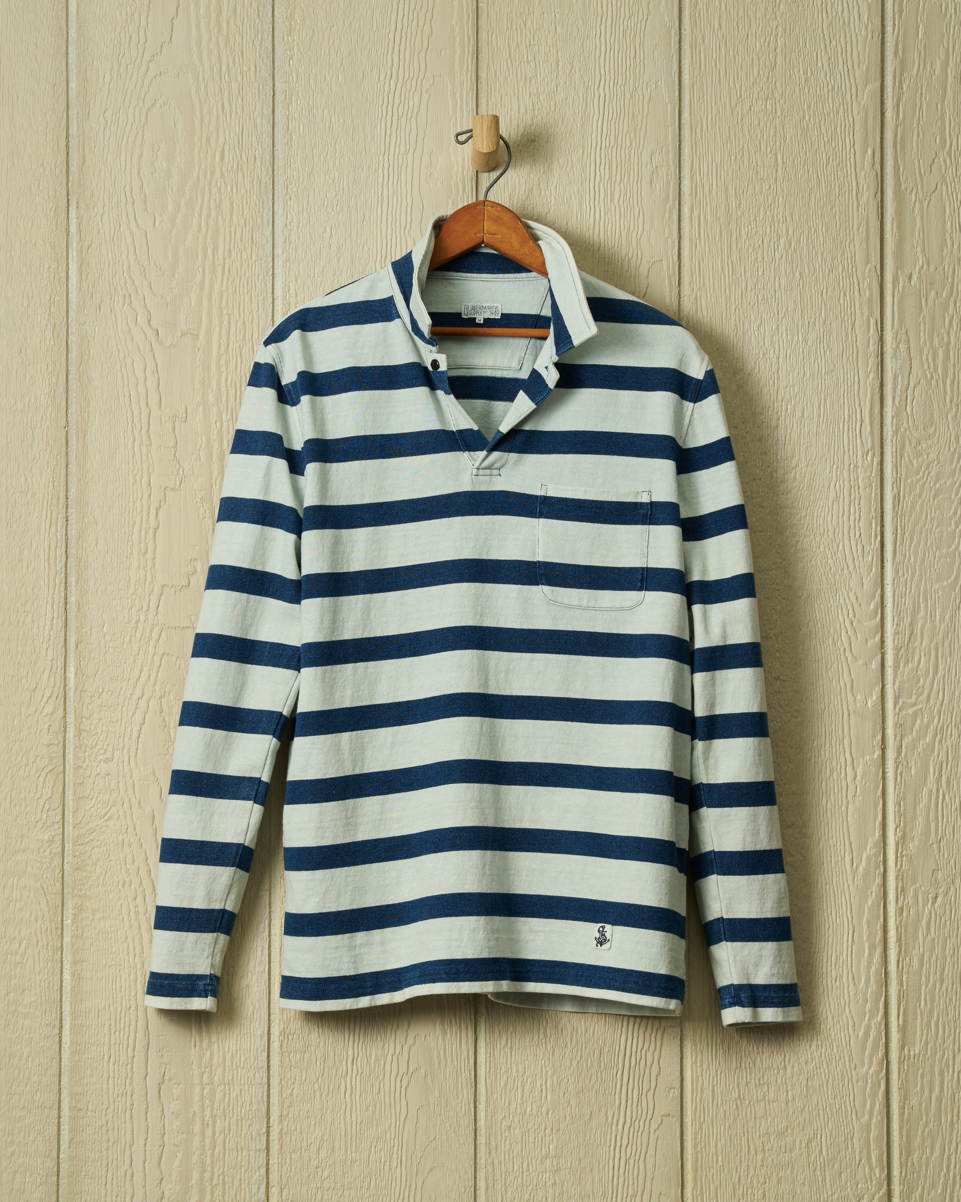 Long Sleeve Indigo Polo in Blue/Antique White Wide Stripe